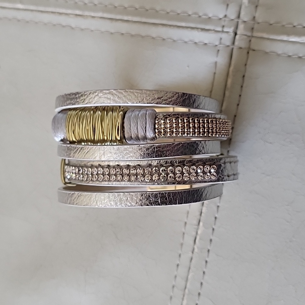 Silver Gray gold  Beaded Leather Wrap Bracelet